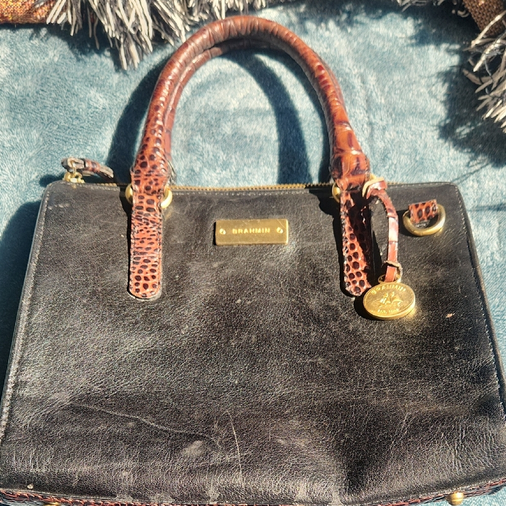 Brahmin Black and Brown Leather Satchel with Gold Hardware
